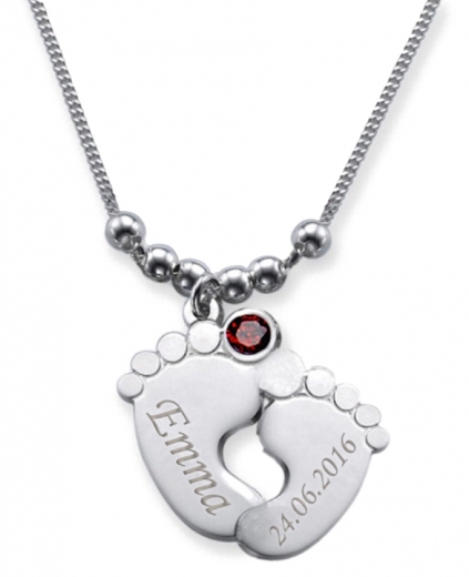 Collier double pied de bébé avec 2 gravures et cristal du mois JANVIER