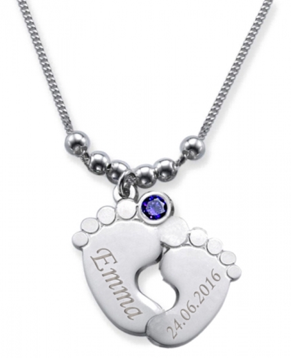 Collier double pied de bébé avec 2 gravures et cristal du mois FÉVRIER