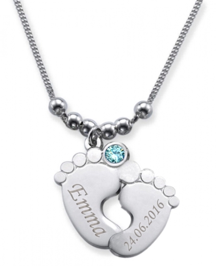 Collier double pied de bébé avec 2 gravures et cristal du mois de MARS