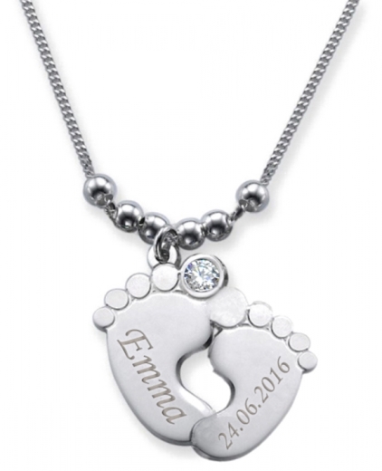 Collier double pied de bébé avec 2 gravures et cristal du mois AVRIL