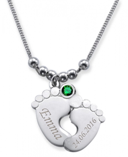 Collier double pied de bébé avec 2 gravures et cristal du mois MAI
