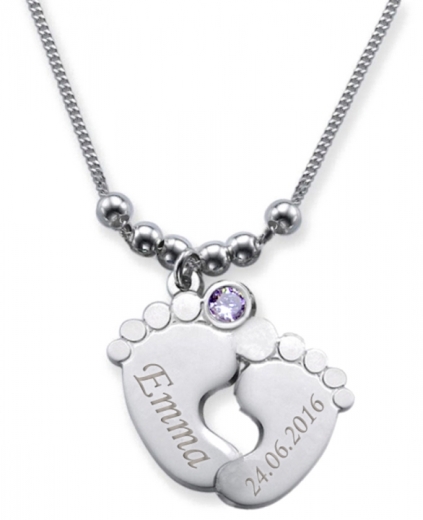 Collier double pied de bébé avec 2 gravures et cristal du mois JUIN