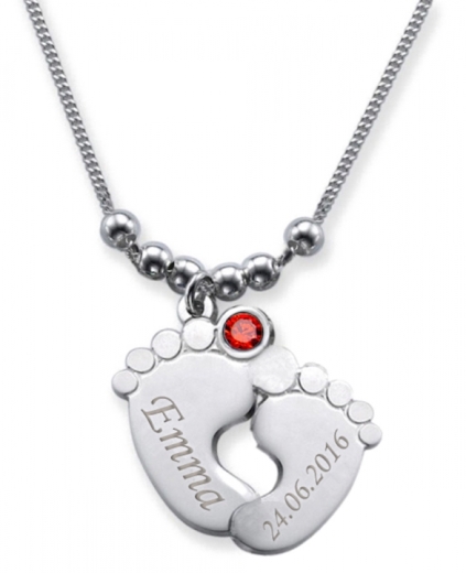 Collier double pied de bébé avec 2 gravures et cristal du mois de JUILLET