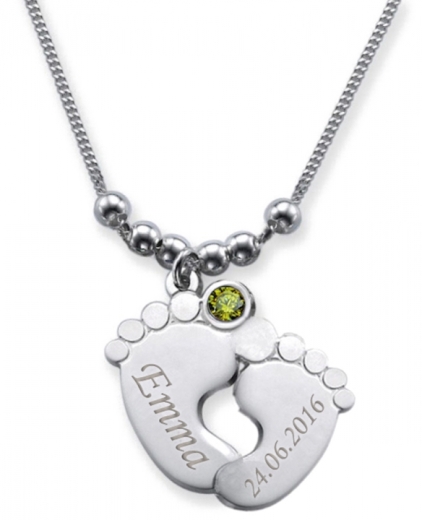 Collier double pied de bébé avec 2 gravures et cristal du mois d'AOÛT