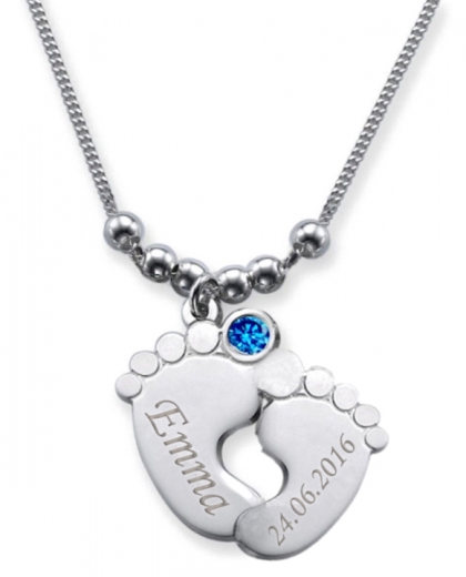 Collier double pied de bébé avec 2 gravures & cristal du mois SEPTEMBRE