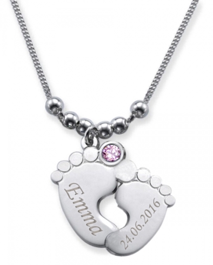 Collier double pied de bébé avec 2 gravures & cristal du mois OKTOBER