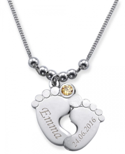 Collier double pied de bébé avec 2 gravures & cristal du mois NOVEMBRE