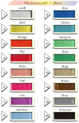 Aperçu des 16 couleurs de fil pour broder une couverture bébé. Couleurs numérotées : blanc, jaune, orange, rouge, rose, rose vif, violet, bleu clair, bleu, turquoise, vert clair, vert, beige, marron, gris, noir.