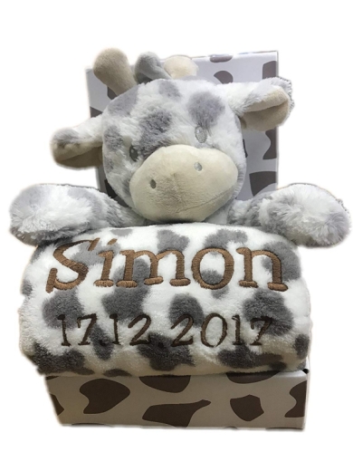 Couverture de bébé brodée avec nom & date de naissance, peluche incluse (gris/blanc - GIRAFFE)