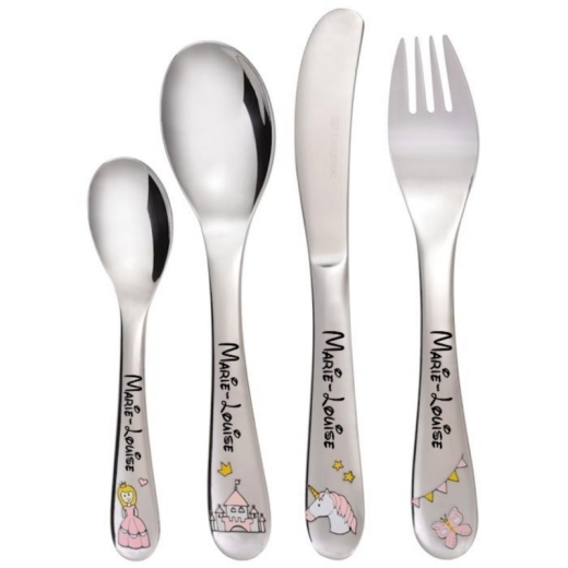 Couverts pour enfants avec gravure du nom et motifs colorés - Modèle : PRINCESSE