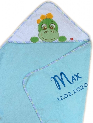 Serviette à capuche brodée avec nom et date de naissance 100x100 TURQUOISE DINO