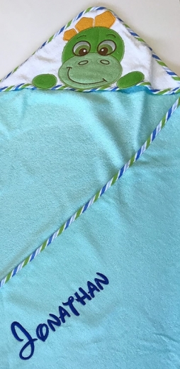 Serviette à capuche brodée avec nom et date de naissance 100x100 TURQUOISE DINO
