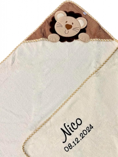 Serviette à capuche brodée avec nom et date de naissance 100x100 BEIGE LÖWE