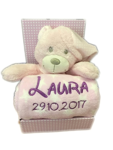 Couverture de bébé brodée avec nom & date de naissance, peluche incluse (Rose - TEDDY avec COUVERTURE DE DORMIR)