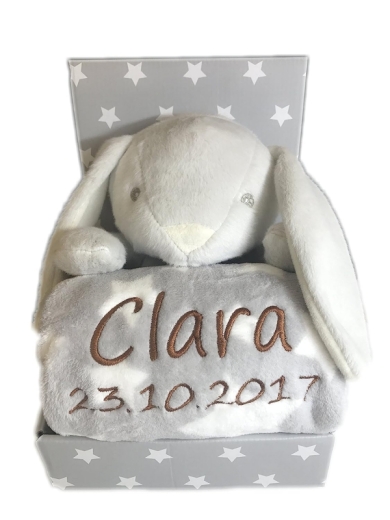 Couverture de bébé brodée avec nom & date de naissance, peluche incluse (gris/blanc - HASE)