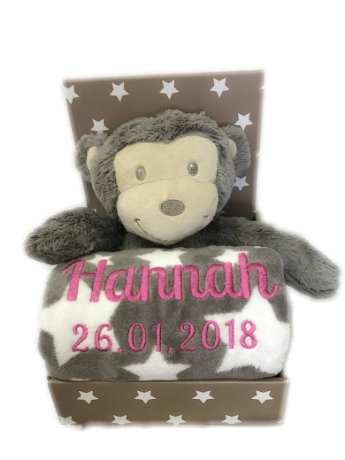 Couverture de bébé brodée avec nom & date de naissance, peluche incluse (brun/blanc - Singe)