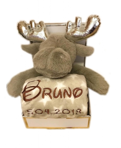 Couverture de bébé brodée avec nom & date de naissance, peluche incluse (renne / marron)