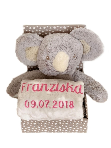 Couverture de bébé brodée avec nom & date de naissance, peluche incluse (koala / gris-beige)