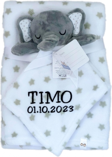 Couverture de bébé avec consolation brodée avec nom et date de naissance/douce et douce / 1A qualité (gris éléphant étoiles)