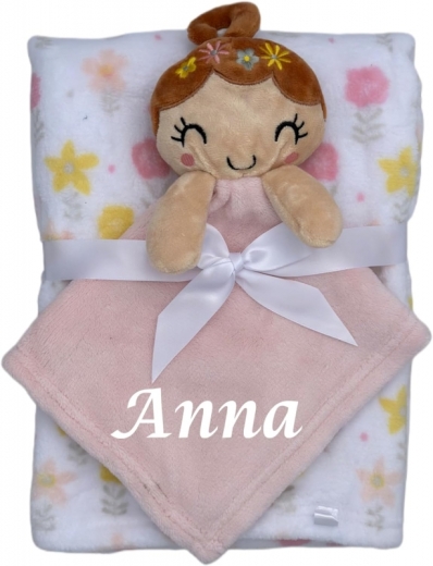 Couverture de bébé avec consolation brodée avec nom et date de naissance/douceur / 1A qualité (fillette de fleur 2)