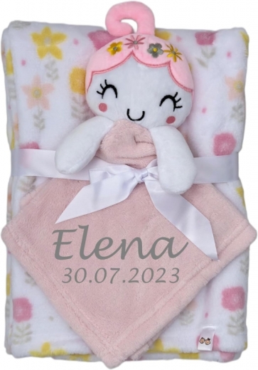 Couverture de bébé avec consolation brodée avec nom et date de naissance/douceur / 1A qualité (fillette de fleur 1)