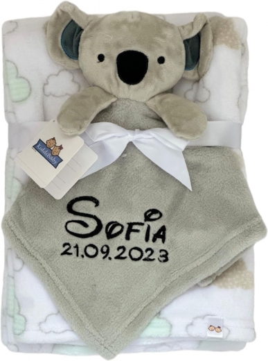 Couverture de bébé avec consolation brodée avec nom et date de naissance/douceur / 1A qualité (Gris Koala)