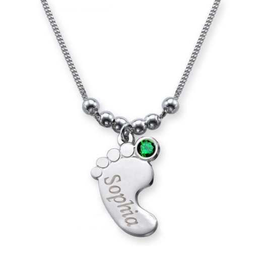 Collier pied de bébé avec gravure et cristal du mois MAI