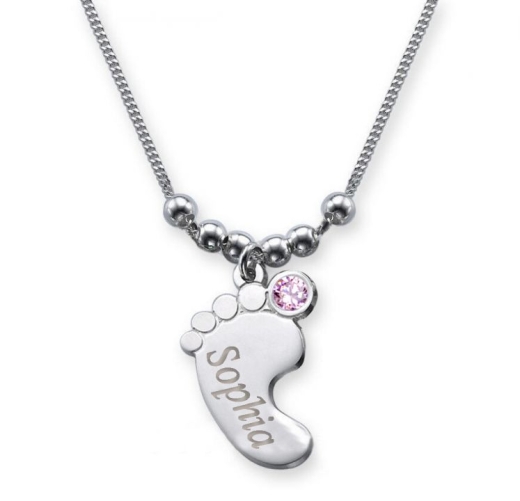 Collier pied de bébé avec gravure et cristal du mois JUIN