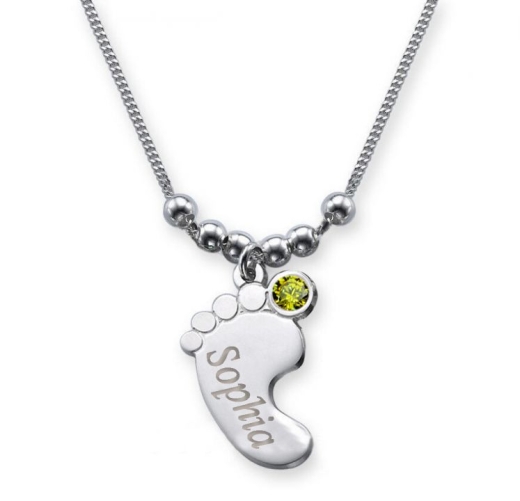 Babyfuß-Kette mit Gravur und Monats-Kristall AUGUST