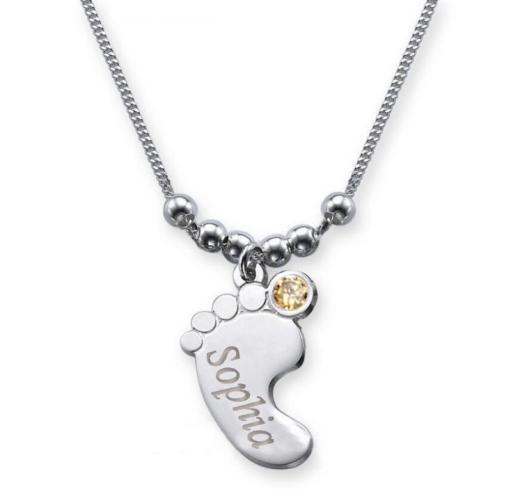 Collier pied de bébé avec gravure et cristal du mois NOVEMBRE