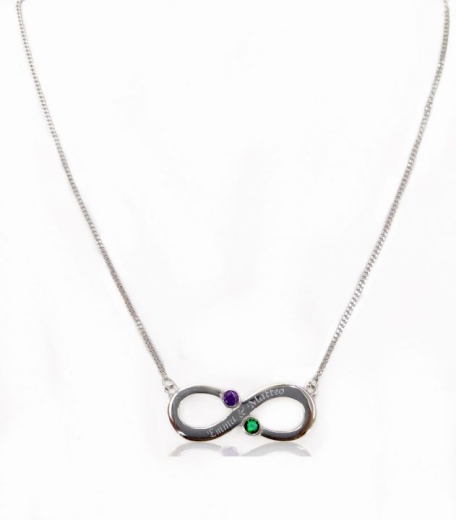 Collier Infinity avec 2 noms et cristaux du mois de naissance