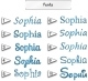 L'illustration présente dix exemples numérotés du prénom « Sophia » dans différentes polices bleues sur fond blanc. Les styles vont de l'élégante écriture italique aux lettres classiques, offrant ainsi différentes options de personnalisation.
