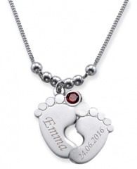 Collier double pied de bébé avec 2 gravures et cristal du mois JANVIER