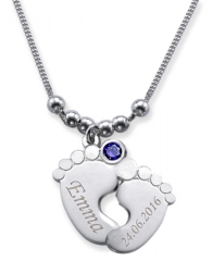 Collier double pied de bébé avec 2 gravures et cristal du mois FÉVRIER