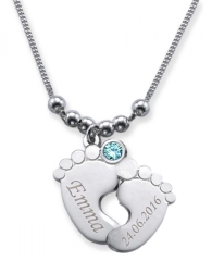 Collier double pied de bébé avec 2 gravures et cristal du mois de MARS