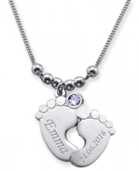 Collier double pied de bébé avec 2 gravures et cristal du mois JUIN
