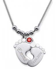 Collier double pied de bébé avec 2 gravures et cristal du mois de JUILLET