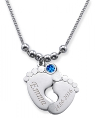 Collier double pied de bébé avec 2 gravures & cristal du mois SEPTEMBRE