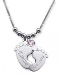 Collier double pied de bébé avec 2 gravures & cristal du mois OKTOBER
