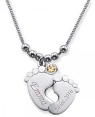 Collier double pied de bébé avec 2 gravures & cristal du mois NOVEMBRE