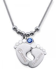 Collier double pied de bébé avec 2 gravures & cristal du mois DECEMBRE