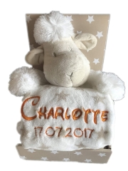 Couverture de bébé brodée avec nom & date de naissance, peluche incluse (beige/blanc - MOUTON)
