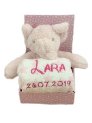 Couverture de bébé brodée avec nom & date de naissance, peluche incluse (rose - ELEFANT)
