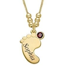 Collier pied de bébé avec gravure et cristal du mois JANVIER argent véritable en plaqué or jaune
