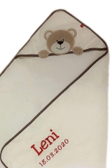 Serviette à capuche brodée avec nom et date de naissance 100x100 Beige OURS
