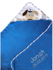 Serviette à capuche brodée avec nom et date de naissance 100x100 BLEU CHIEN COMME MARIN