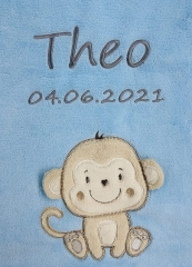 Couverture de bébé - brodé avec le nom - bleu clair Singe