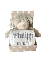 Couverture de bébé brodée avec nom & date de naissance, peluche incluse (beige/blanc - CHIEN)