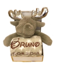 Couverture de bébé brodée avec nom & date de naissance, peluche incluse (renne / marron)