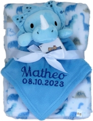 Couverture de bébé avec consolation brodée avec nom et date de naissance/douce et douce / 1A qualité (Bleu Dino)